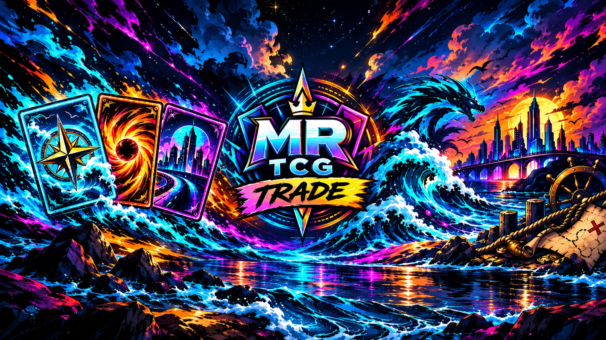 Farbenfrohes MR TCG Trade Artwork mit Sammelkarten, Wellen und zentralem Markenlogo